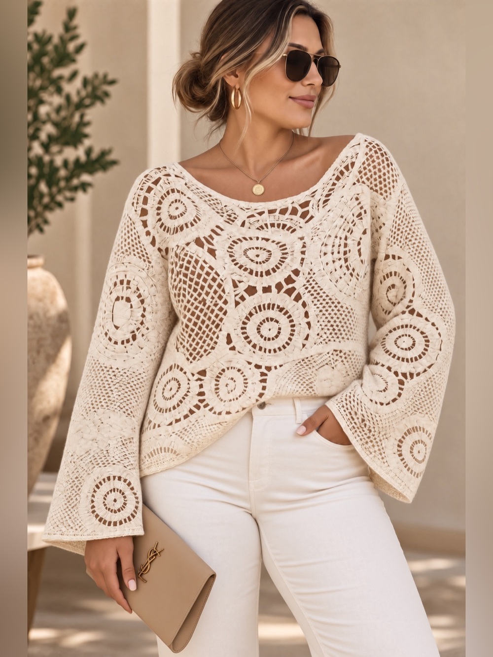 Ultra Pink Cream Crochet Bell Sleeve cardigan/camisole 🍁